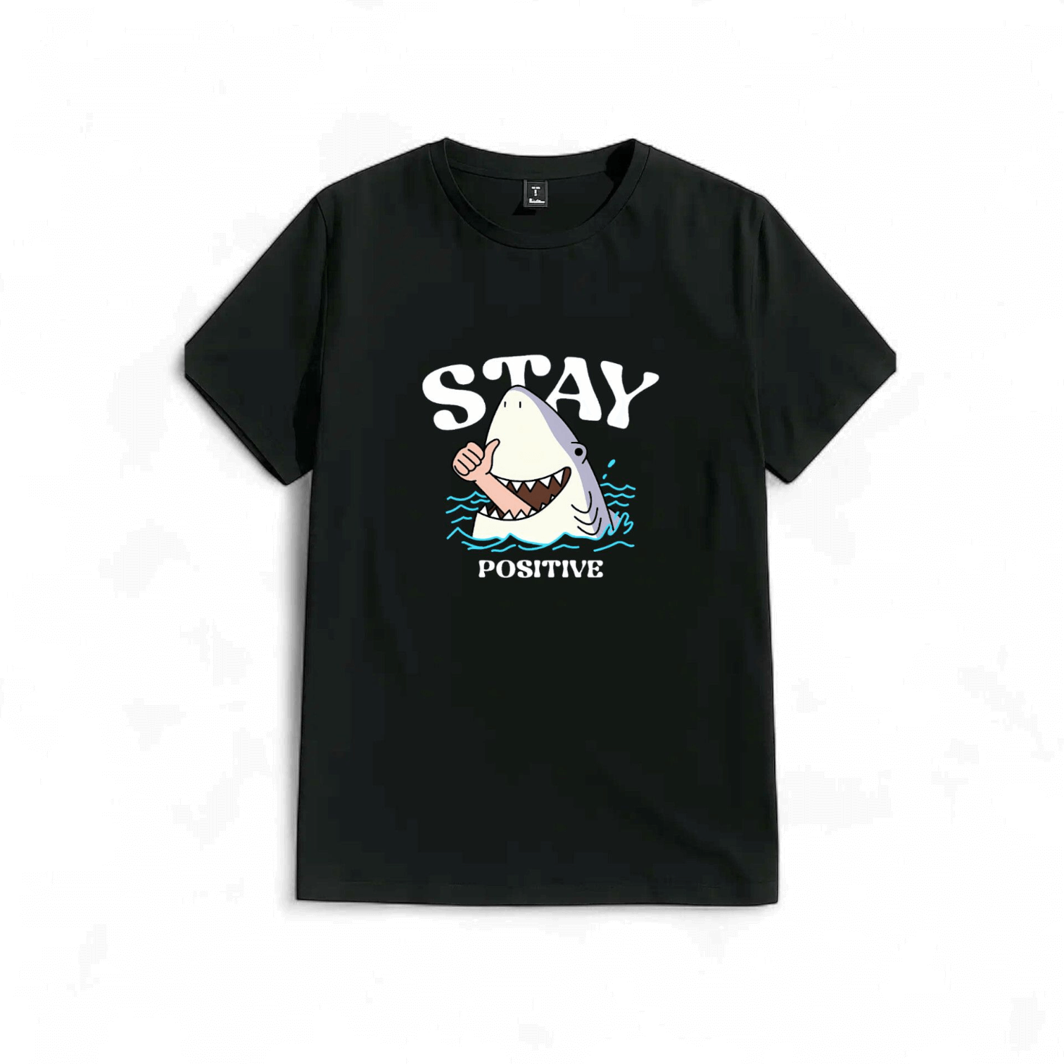 تیشرت نخ پنبه طرح کوسه Stay Positive مشکی