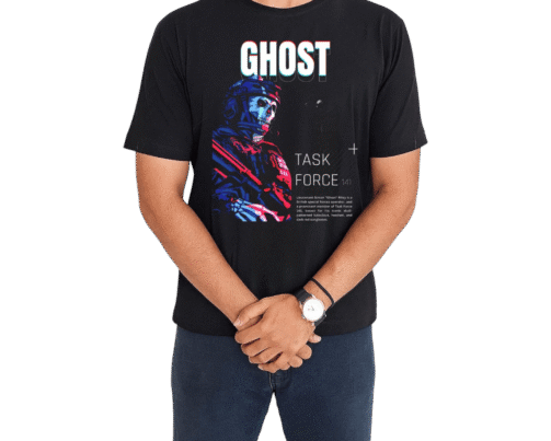 تیشرت مشکی با طرح نئونی و گلیچ شخصیت گوست از بازی کالاف دیوتی مدرن وارفر تن خور