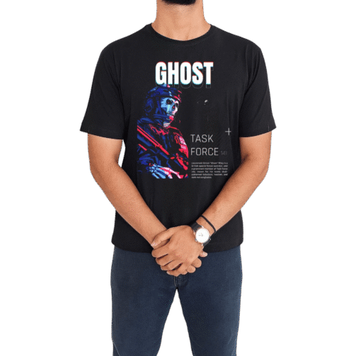 تیشرت مشکی با طرح نئونی و گلیچ شخصیت گوست از بازی کالاف دیوتی مدرن وارفر تن خور