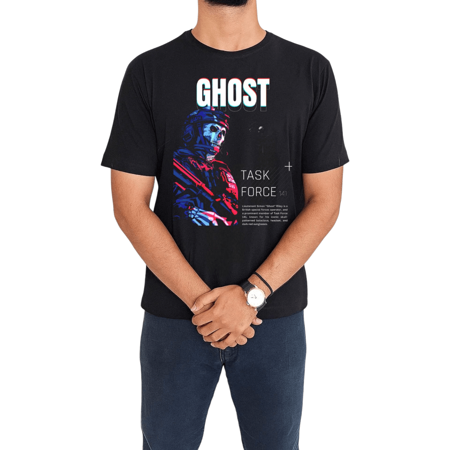 تیشرت مشکی با طرح نئونی و گلیچ شخصیت گوست از بازی کالاف دیوتی مدرن وارفر تن خور