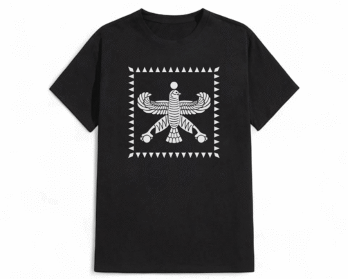 تیشرت مشکی با طرح سفید درفش شهباز هخامنشی