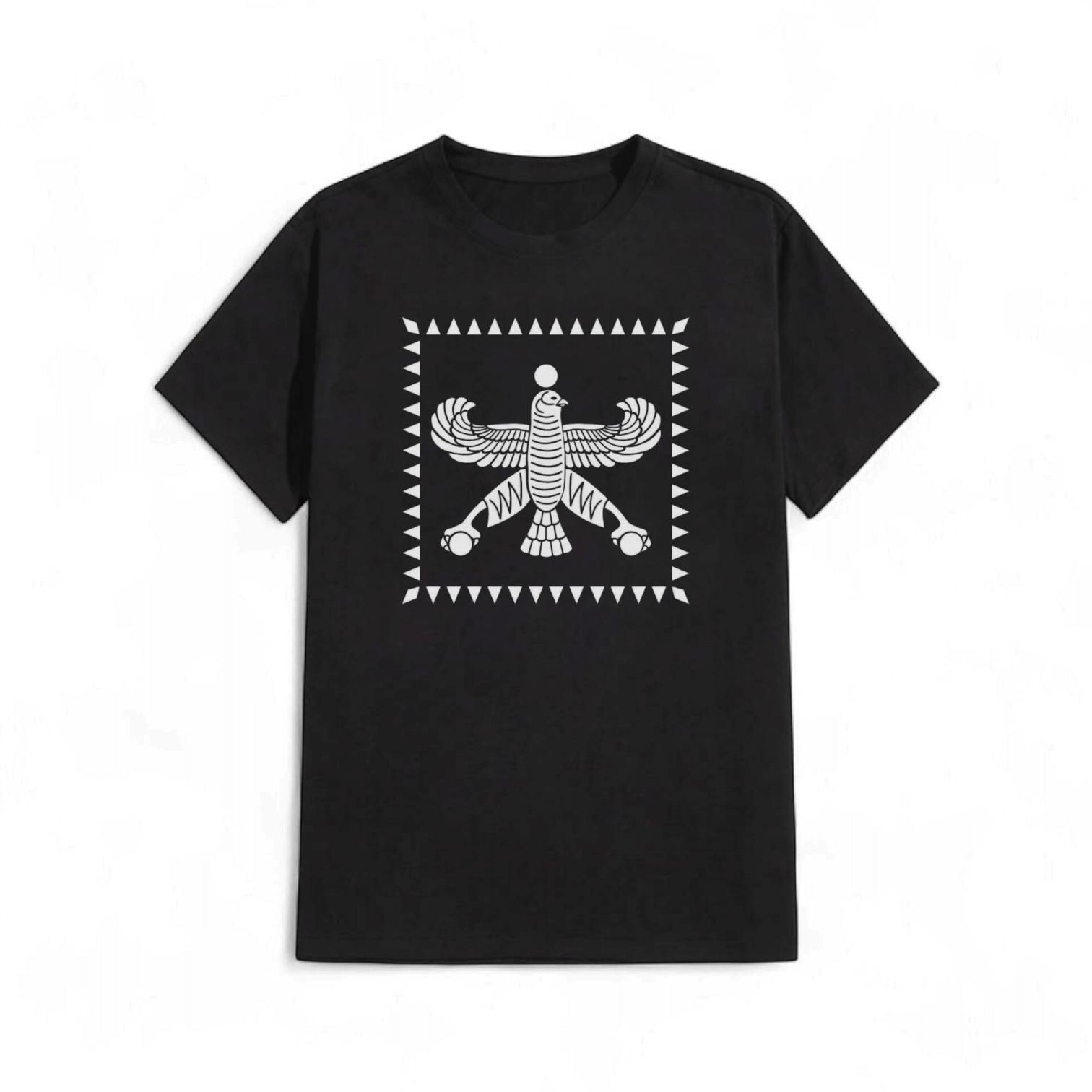 تیشرت مشکی با طرح سفید درفش شهباز هخامنشی