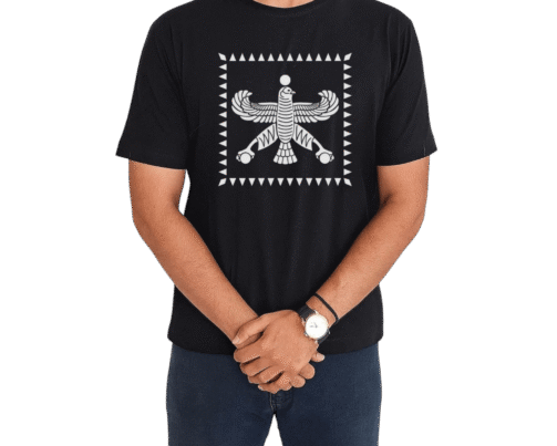 تیشرت مشکی با طرح سفید درفش شهباز هخامنشی تن خور