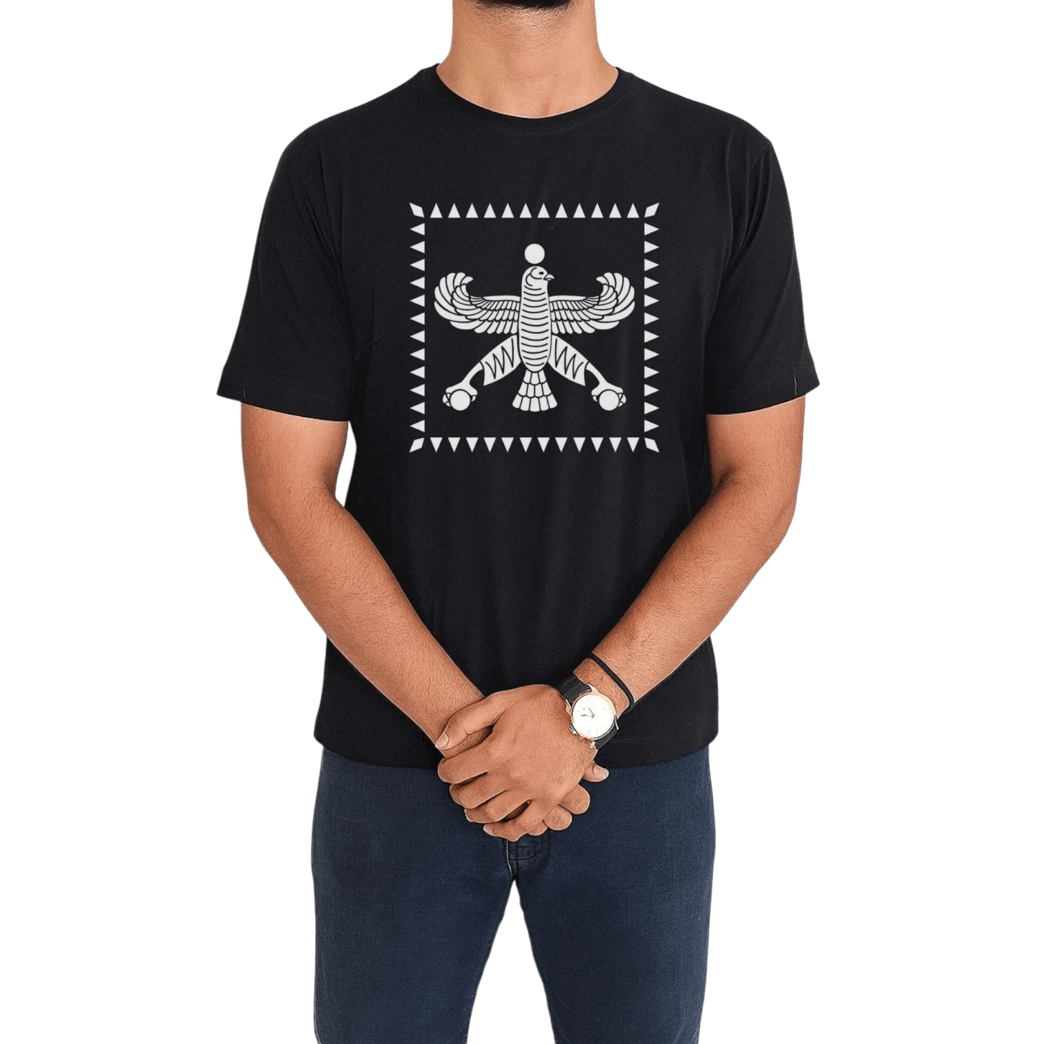 تیشرت مشکی با طرح سفید درفش شهباز هخامنشی تن خور