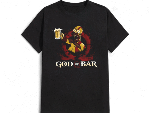 تیشرت مشکی با طرح کارتونی هومر سیمپسون در لباس کریتوس بازی گاد آف وار که لیوان نوشیدنی در دست دارد و نوشته God of Bar زیر آن است
